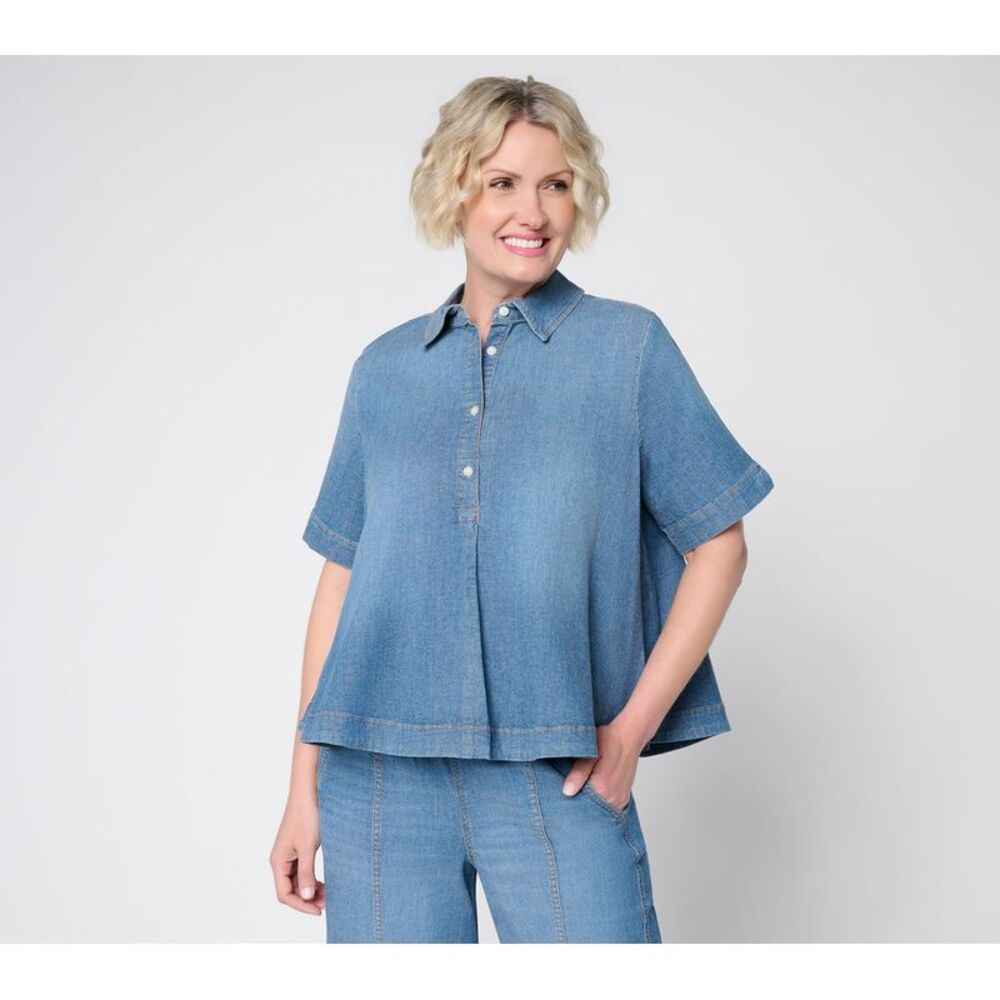 Carla Rockmore Collection Women's Top Sz S Flared Denim Polo Shirt Blue
